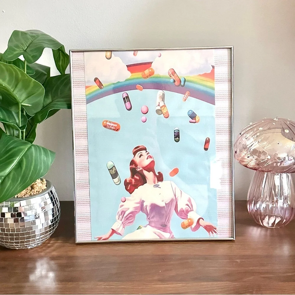 Happy Forever Rainbow Pills Raining Surreal Wall Art Framed Colorful Medication